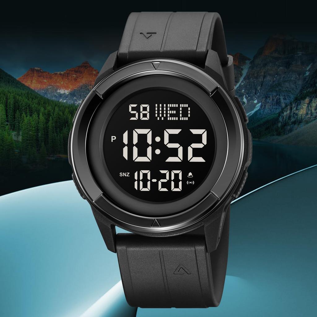 Timever Waterproof Digital Wristwatch with and Dual Time Includes Japanese Instruction Black Men's Stopwatch, LED, Alarm, Countdown, Functions,