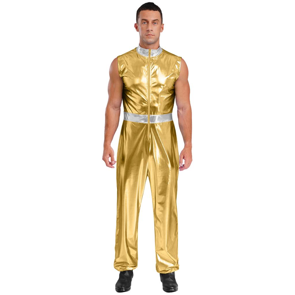 Mens Shiny Metallic Sleeveless Full Length Zipper Jumpsuit Bodysuit