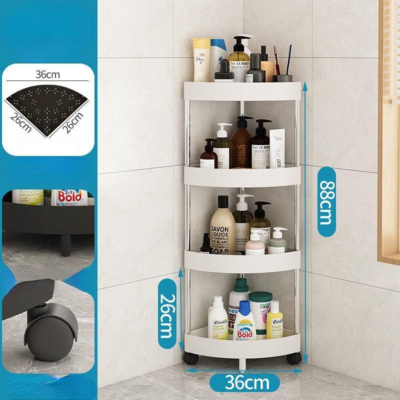 Corner Shelf Plastic Kitchen Bathroom Triangle 3/4 Tier Storage Rack Rolling Cart with Wheels Slide Out Floor Shelves