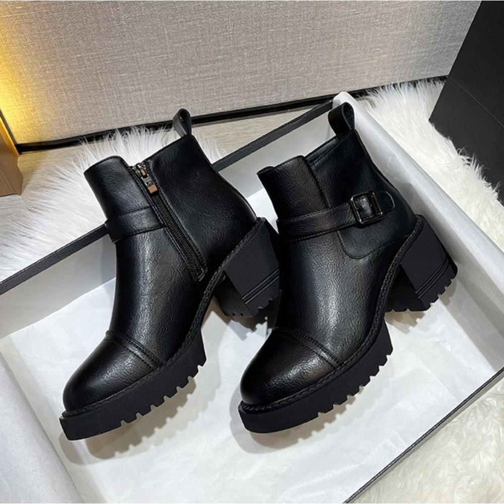 Leather Platform Women's Boots New British High Heels Small Height Increase Thick Heels Short Boots Winter Velvet Shoes Women