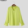 INCERUN Men V Neck Long Drawstring Sleeve Solid Color Casual Shirts Tops