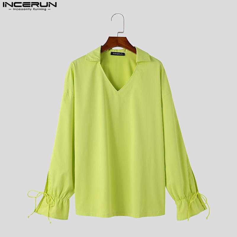 INCERUN Men V Neck Long Drawstring Sleeve Solid Color Casual Shirts Tops
