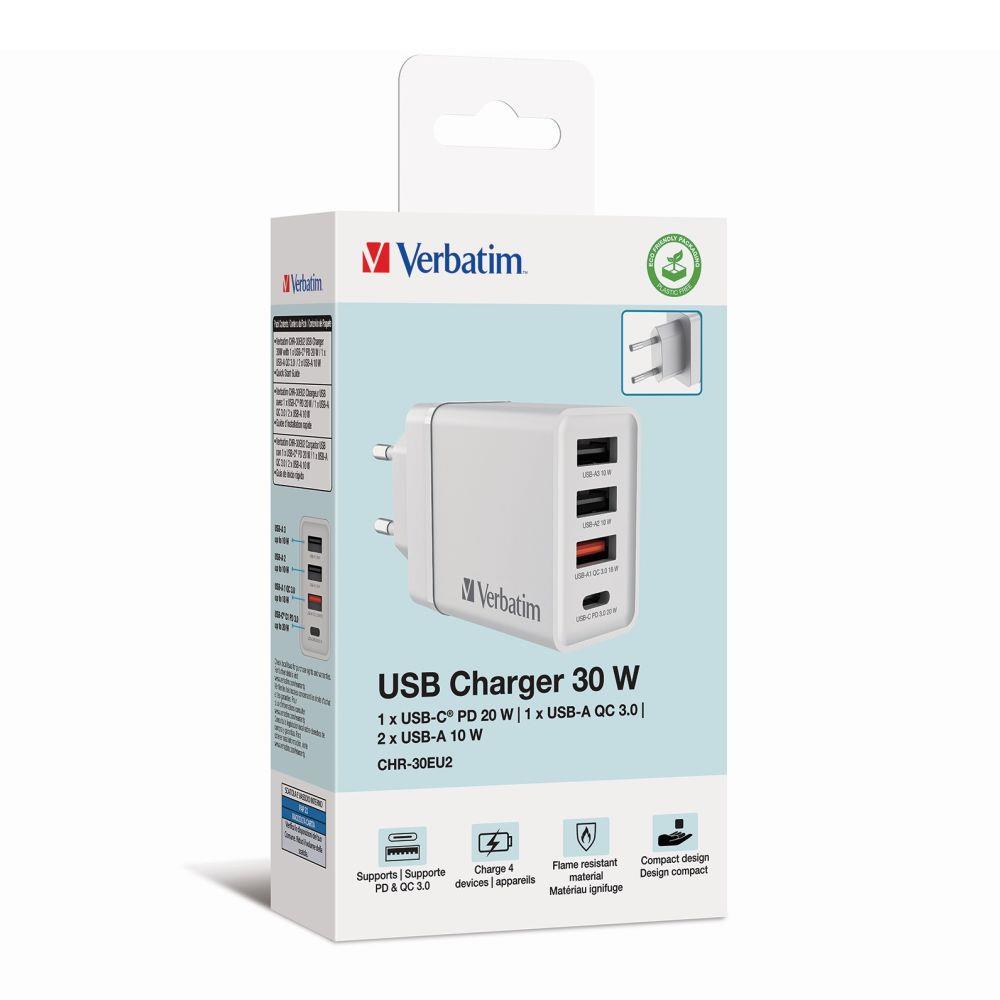 Ładowarka sieciowa Verbatim 1xUSB-C PD 20W 1xUSB-A QC 3.0 2xUSB-A 10W UE biała