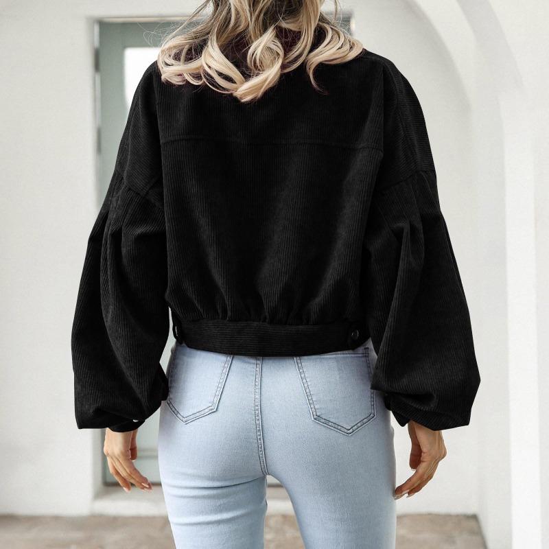 Женская повседневная вельветовая куртка с лацканами, осенне-зимняя однобортная короткая куртка с рукавами-фонариками