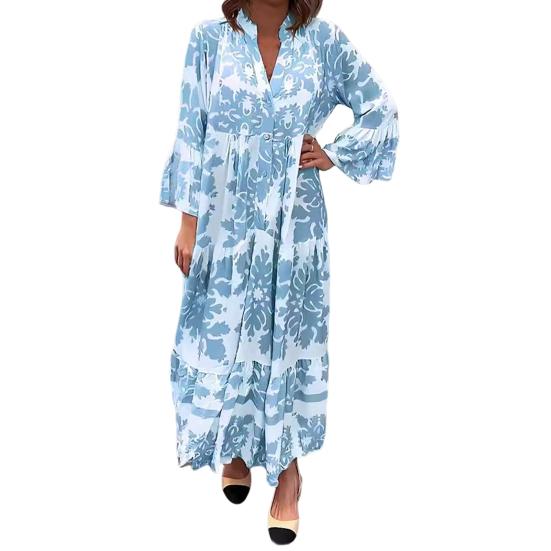 Women Maxi Dress V Neck Floral Printed Pleated Ruffle Patchwork Hem Loow Waist Horn Sleeves Single-breasted Daily Commuting Long Dress