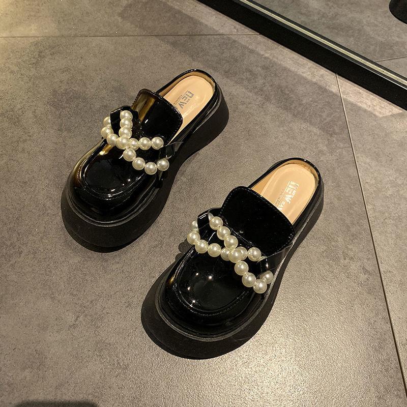 Мюли на платформе для женщин, новые тапочки, мокасины, толстые, золотистые, с цепочками, кожаные, с жемчугом, мокасины, толстая подошва, женские роскошные сандалии