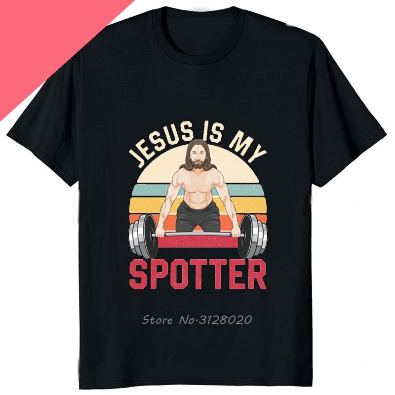 Funny Jesus Is My Spotter Printed Graphic Cotton Men Tshirt Humor Weight Lifting GYM TShirt Casual Fashion Streetwear Male Tees