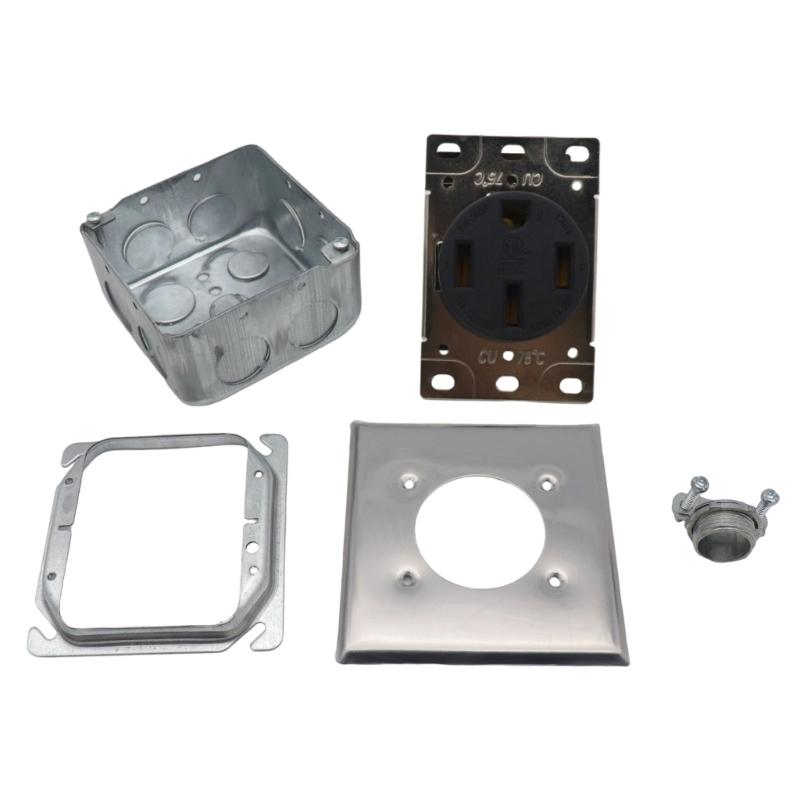 Практичный комплект для сборки розетки NEMA 14 50R 50A включает прочную металлическую распределительную коробку, кабельные зажимы и сдвижные крышки
