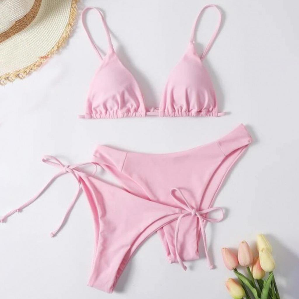 Women's Summer Fashion Sexy Solid Color Backless Lace-up  Waist Adjust Buckle Sling  Bikini Three-pieces Swimsuit