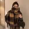 Yousheng Winter Scarf Cashmere Feel Plush Scarf with Tassel Decoration Thickened Warm Plaid Pattern Winter Long Scarf