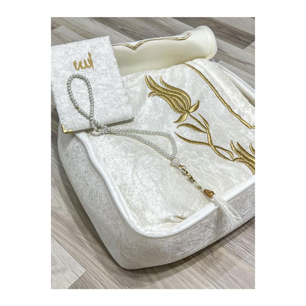 Srma Gold Embroidered Motif Velvet Saddle Bag, Velvet Prayer Rug, Yasin, Prayer Beads Dowry Set Of 4 Bundle Storage Bags