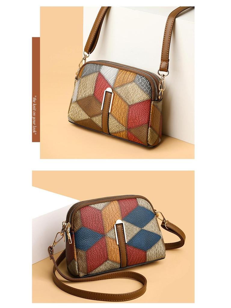 Этнический стиль колор-блок пэчворк двойная молния сумка кроссбоди
