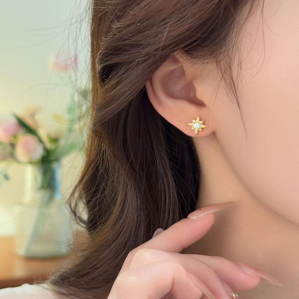 925 Sterling Silver 18K Gold Plated Starburst CZ Stud Earrings for Women, Dainty Star Cubic Zirconia Hypoallergenic Earrings