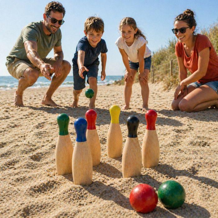 Jeu de quilles en bois - FERRY JOUETS - Set 6 quilles 20 cm - 2 boules Ø5 cm - Têtes colorées - Extérieur