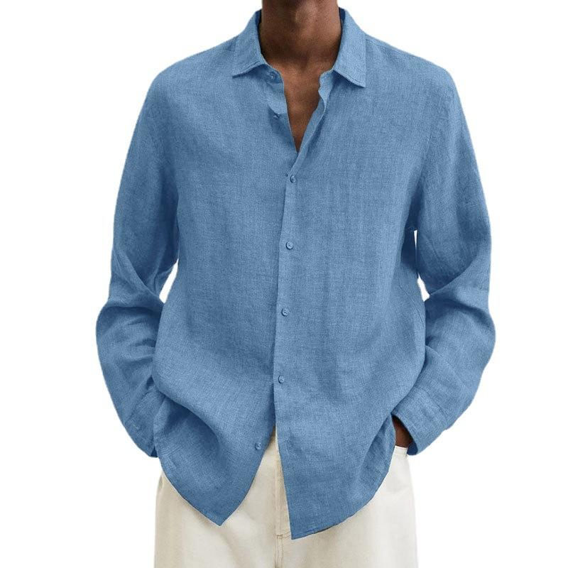 Autumn Long-sleeved V-neck Loose Button Cotton Linen Shirt Shirt Men's Fashion Casual Blouse Solid Colour Shirt