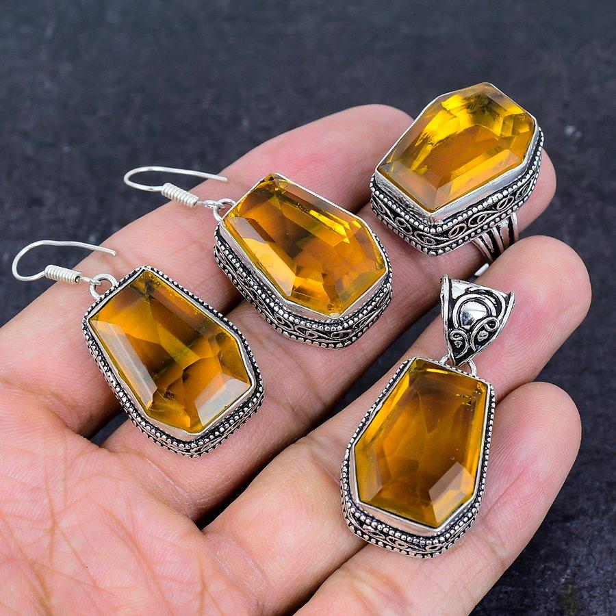 Натуральный Цитрин Драгоценный Камень Ручной Работы 925 Стерлинговое Серебро Набор Ювелирных Изделий j5o55