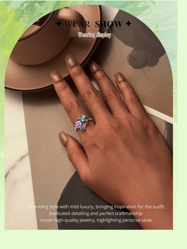 Avle Spring Bird & Flower Adjustable Open Ring - S925 Sterling Silver for Women