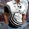 Casual Lapel T-shirt Young Men's Fashion Zipper T-shirt Short Sleeve T-shirt Men's 3D Black Striped Flower Print T Shirt