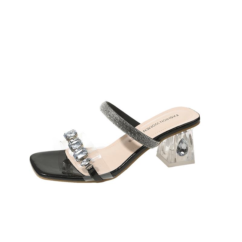 Модные прозрачные босоножки на каблуке Летние новые с квадратным носком и открытым носком, с хрустальной линией, противоскользящие износостойкие шлепанцы на высоком каблуке