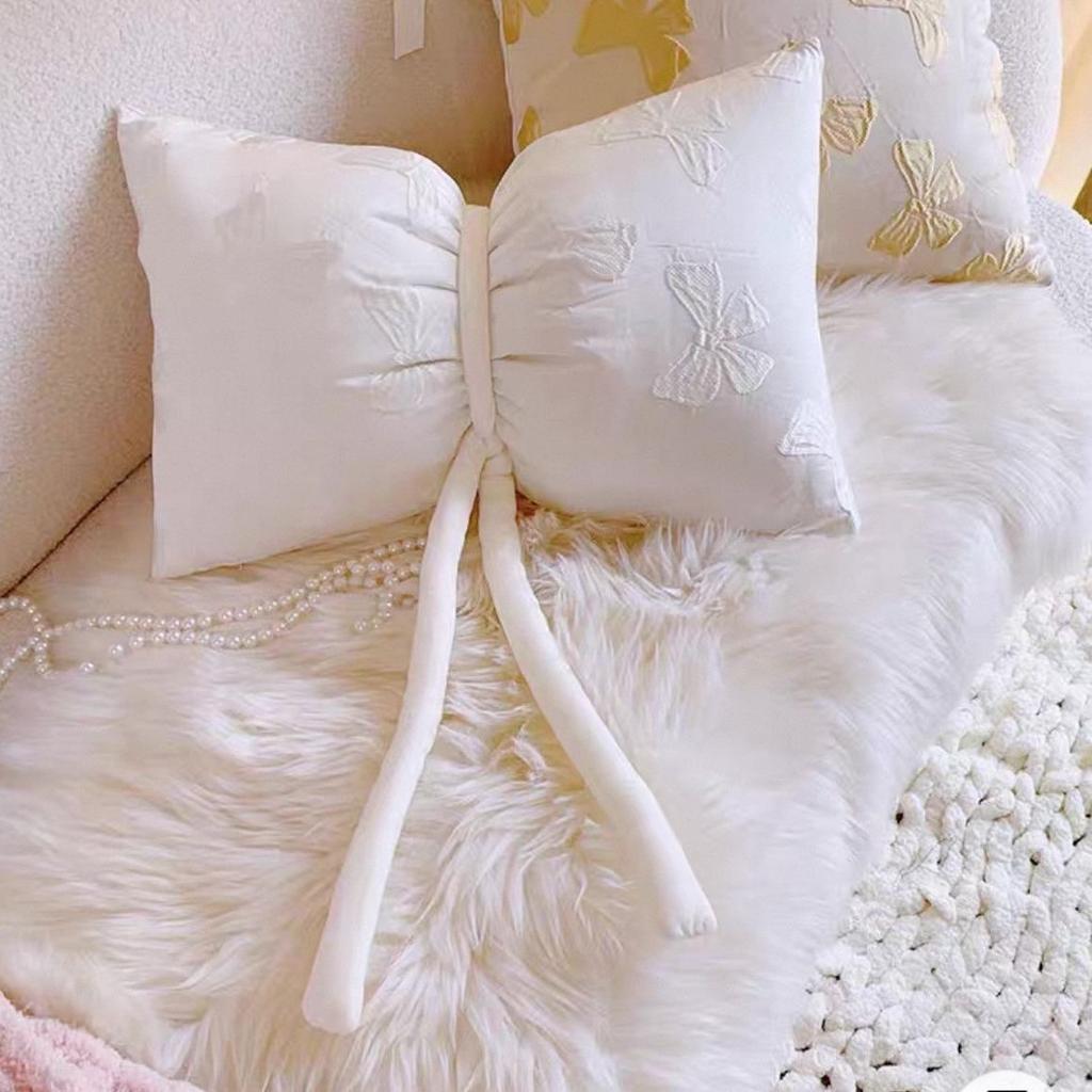 Korean Ins Ballet Style Girl Pink Ribbon Bow Pillow Cream Style Cushion Bedroom Sofa Cushion Cover