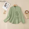 Women Casual Stand Collar Loose Long Sleeve Embroidery Blouse
