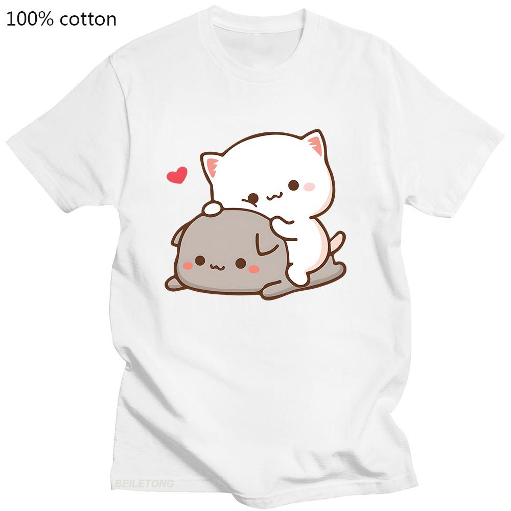 Peach Cat Goma and Mochi T-shirt New Summer Style T Shirt Femme Cute Print Women Tee-shirt Fashion Harajuku Couple 100% Cotton