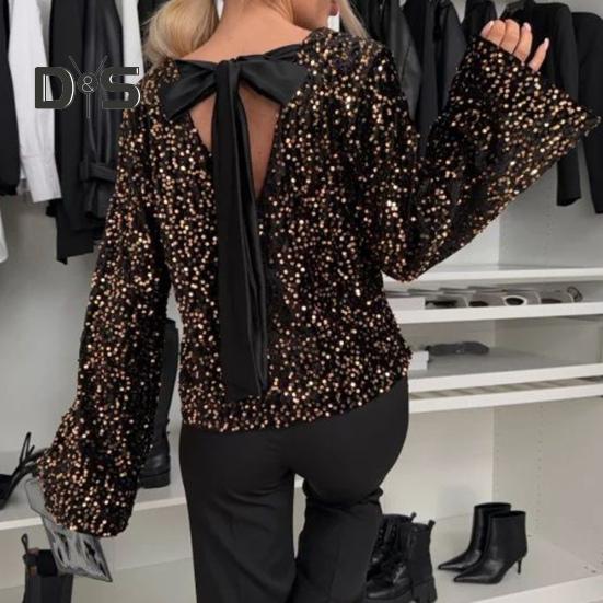 Женские топы с круглым вырезом, длинным рукавом, завязкой сзади, сексуальные топы свободного кроя, однотонные, повседневные блузки для вечеринок, повседневная одежда