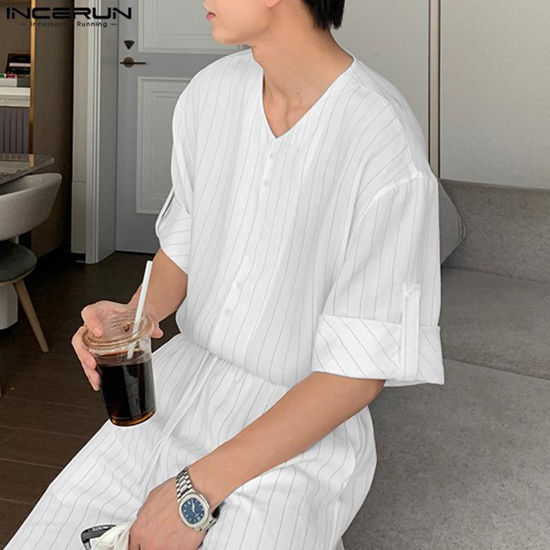 INCERUN 2 ШТ. Мужская рубашка с завязками на шее, с короткими рукавами, длинные прямые брюки, полосатые комплекты