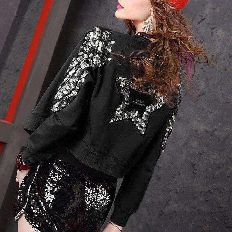 Женская корейская модная куртка-бомбер с пайетками, шикарная, на молнии, короткая, бейсбольная, Y2K, весенне-осенняя, с длинным рукавом, с круглым вырезом, приталенная, верхняя одежда