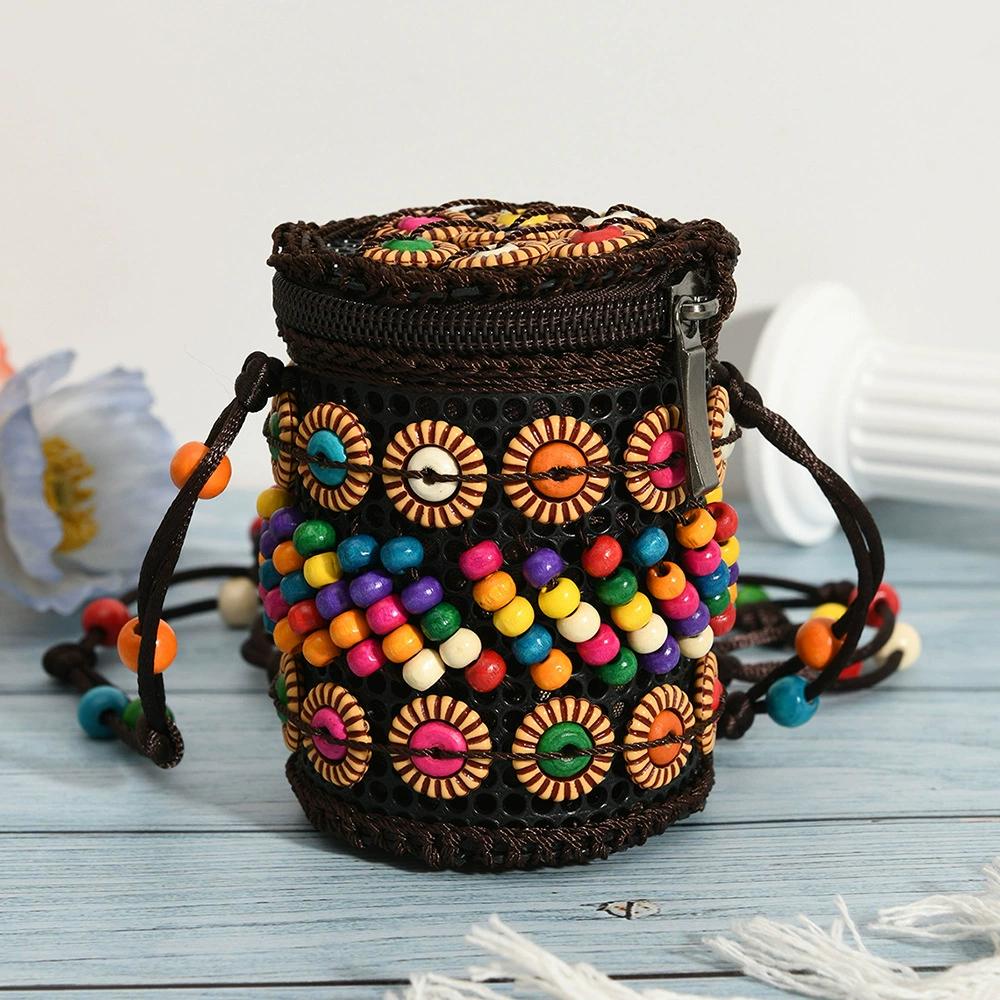 Portable Cloth Ethnic Style Crossbody Bag Retro Coconut Shell Handmade Weave Bag Vintage Handbag Bohemian Shoulder Bag Women