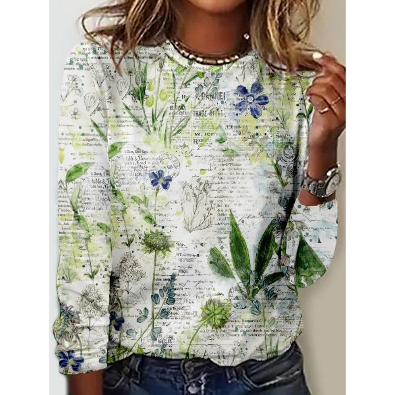 Summer Butterfly Floral Stripe Printed Round Neck Long Sleeve Loose T-Shirts Women’s