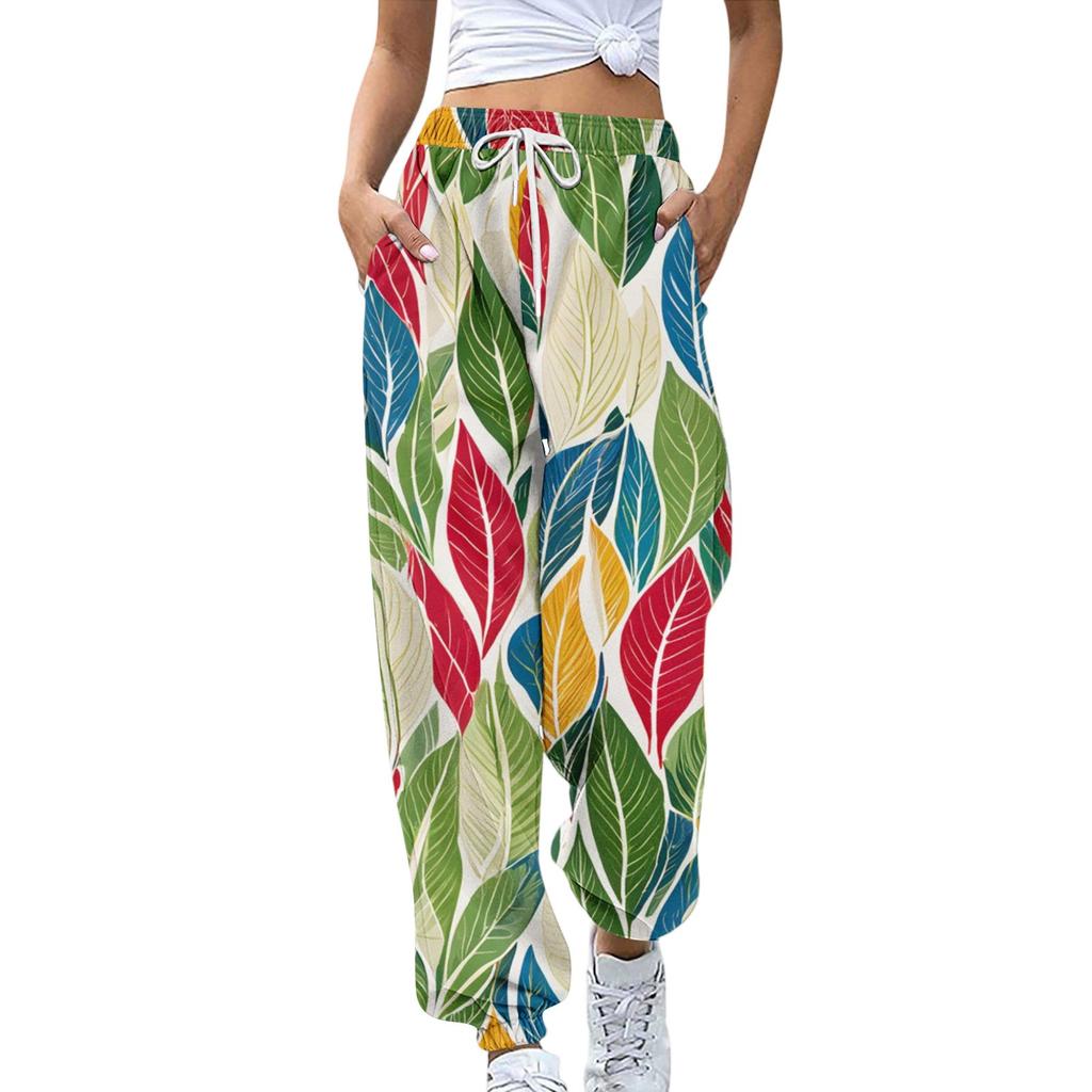 Women's Sports Pants With Pockets Fashion Floral Print Elastic Waist Pants Casual Sweatpants Pants