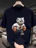 25 New Solid Color Round Neck Short-sleeved T-shirt Men's Summer Cat Print Pure Cotton Couple's Versatile Super Fire Street Top