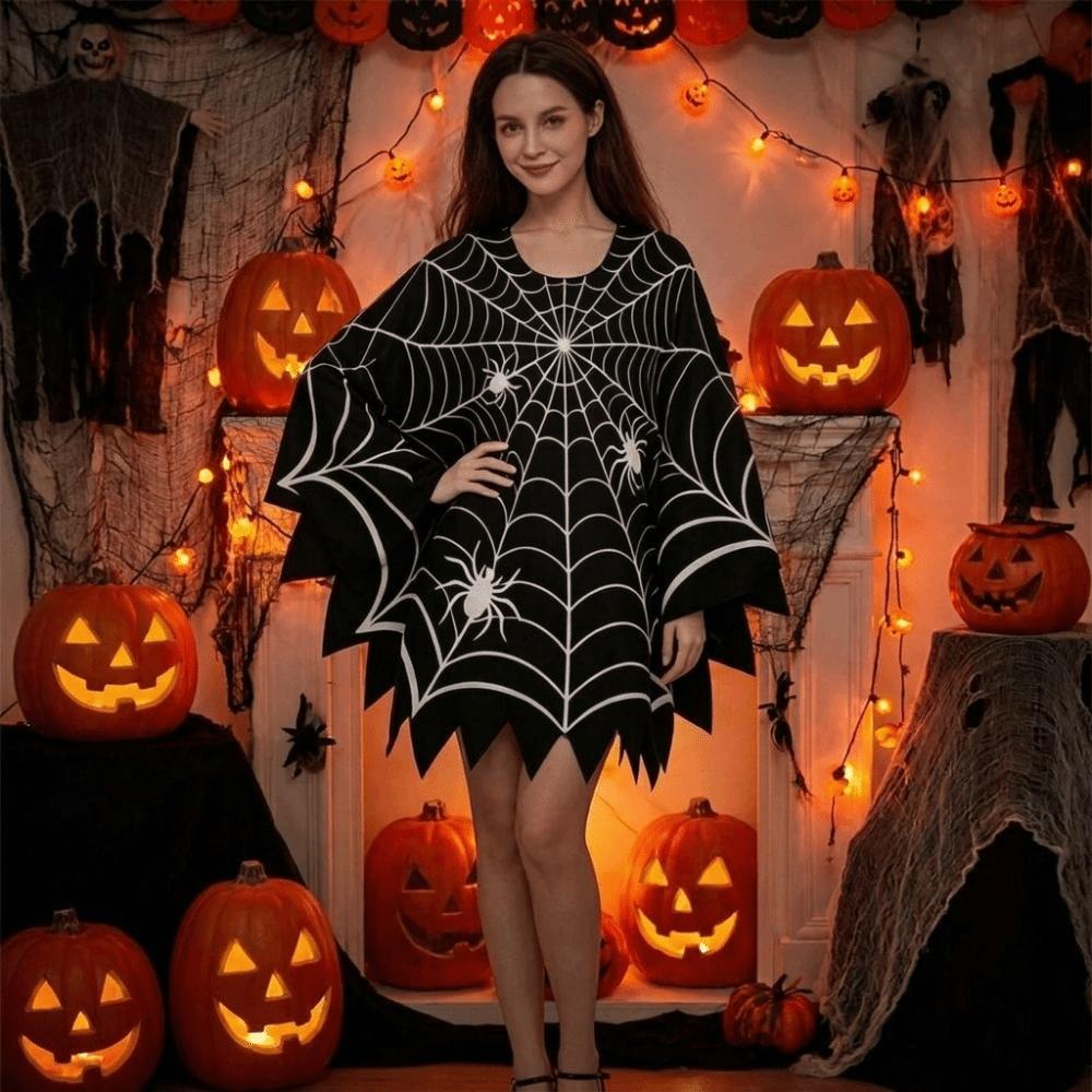 Scary Cosplay Party Costume Black Shawl Poncho Cape Halloween Spider Web Cloak Stage Drama