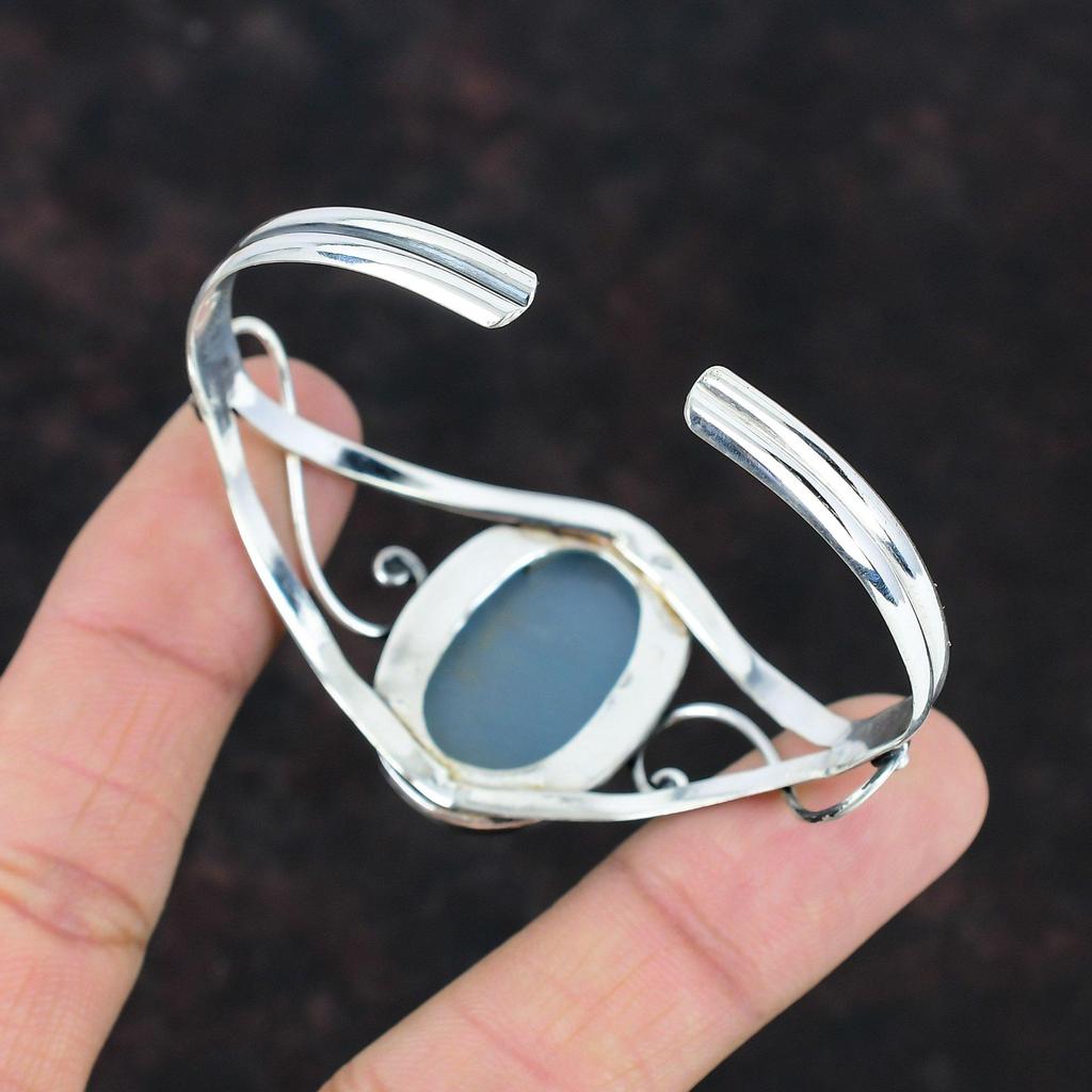 Браслет с аквамарином, браслет с драгоценными камнями, ювелирные изделия ручной работы, регулируемый браслет-манжета, браслет из стерлингового серебра 925 пробы, античный браслет-манжета, подарки для жены