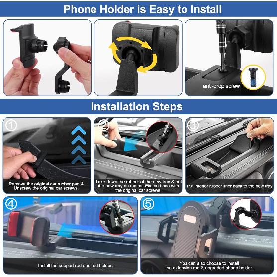 Upgraded Phone Mount For 2018 Jeep Wrangler JL JLU & Gladiator JT, Multi-Mount Phone Holder Dash Tray System Kit With Extension Arm Metal Rod