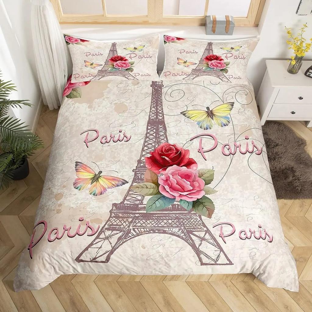Винтажный комплект пододеяльника «Эйфелева башня» Современные 3D комплекты постельного белья на парижскую тематику Всемирно известный городской пейзаж Чехол для одеяла Чехол для стеганого одеяла