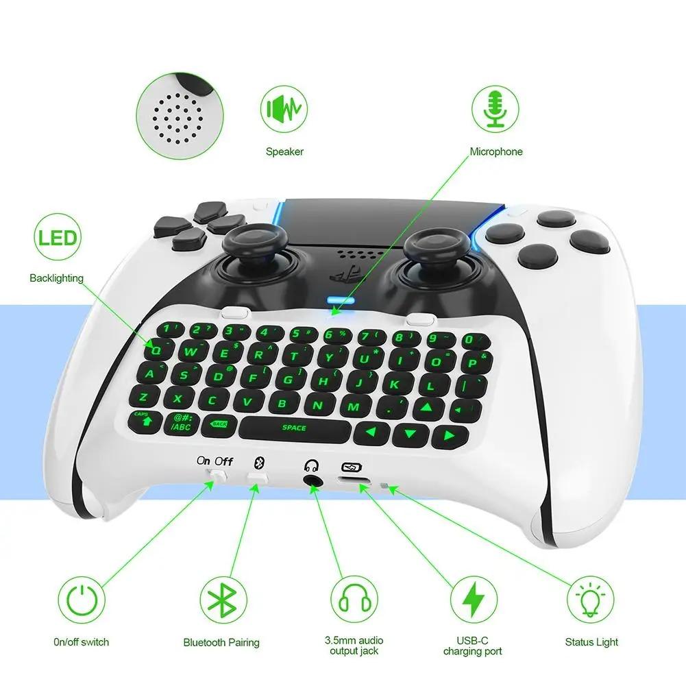 Keyboard for PS5 Edge Controller with Green Backlight, Bluetooth 3.0 Mini Portable Message Keypad Chatpad, Built-in Speaker & 3.5mm Audio Jack