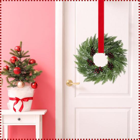 Yousheng Christmas Wreath for Windows 10 Inch Small Artificial Greenery Wreath with Berries And Red Bow for Winter Fireplace Home Decor