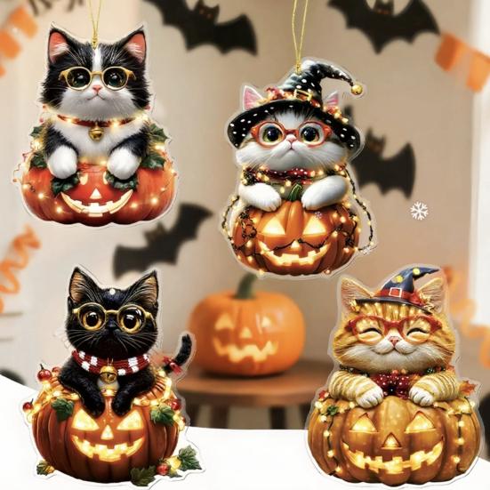Car Halloween Rearview Mirror Hanging Pendant Cartoon Skull Cat Auto Interior Accessory 2D Flat Acrylic Hanging Charm for Car Backpack