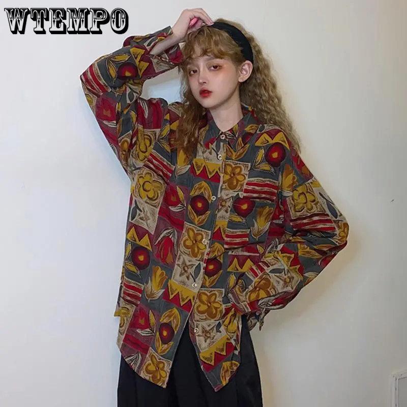 WTEMPO Винтажная блузка женская 90-х годов эстетические рубашки в стиле Харадзюку с длинным рукавом в стиле ретро женские свободные корейские топы с принтом уличная одежда