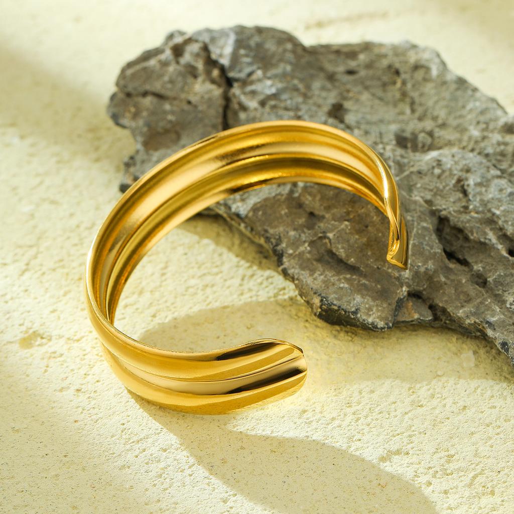 GEMCHIC Women's Double Layer Geometric Cuff Bracelet Adjustable Gold Plated Stainless Steel Bangle for Fashion