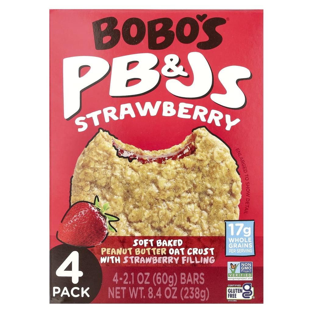 Овсяные батончики Bobo's, арахисовое масло и желе, клубника, 4 упаковки, 60 г (2,1 унции) каждый