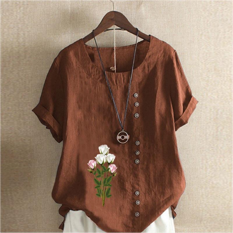 Women's Fashion Round Neck Short Sleeve T-shirt Casual Cotton Linen Graphic Shirt Leisure Loose Flowers Prined Summer Blouse Tops