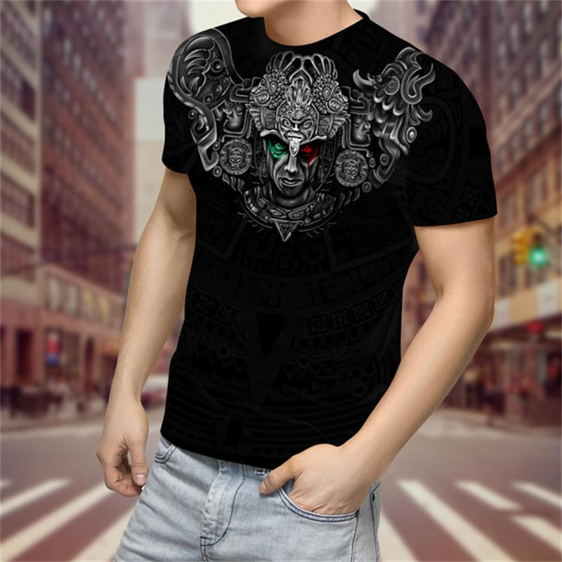 Mexico Aztec Men's T-Shirt, 3D Printed Short Sleeve T-Shirt, Day of Death, Street, Hip Hop, Large, 2023 New