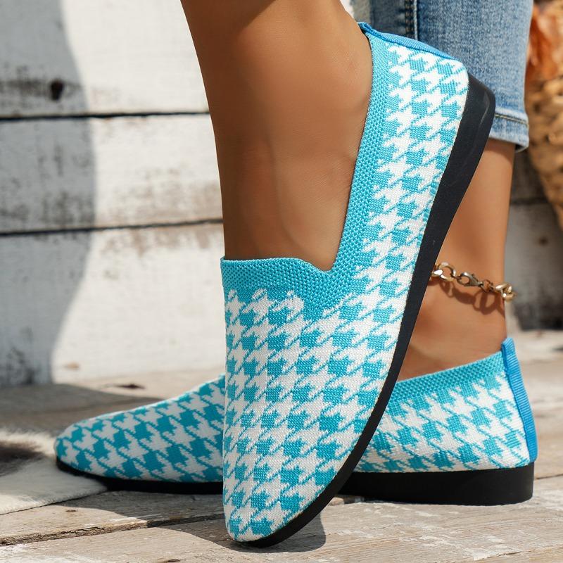 New Round Toe Flat Shoes Female Shallow Mouth Sports Footwear Womens Plus Size Walking Knitting Sandals Plaid Print Loafers
