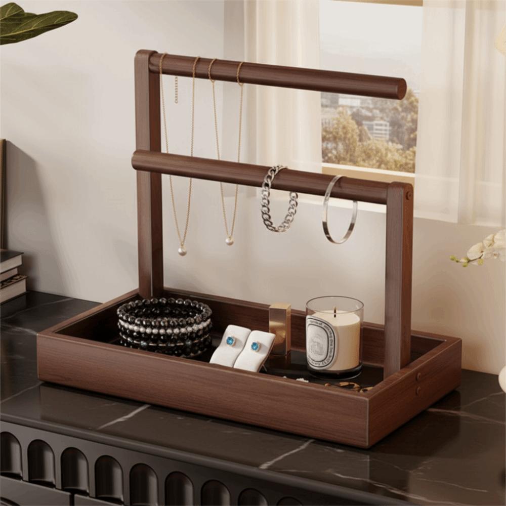Solid Wood Jewelry Stand Retro Style Multi-Layer Design Ring Earring Necklace Display With Hook Wooden Material