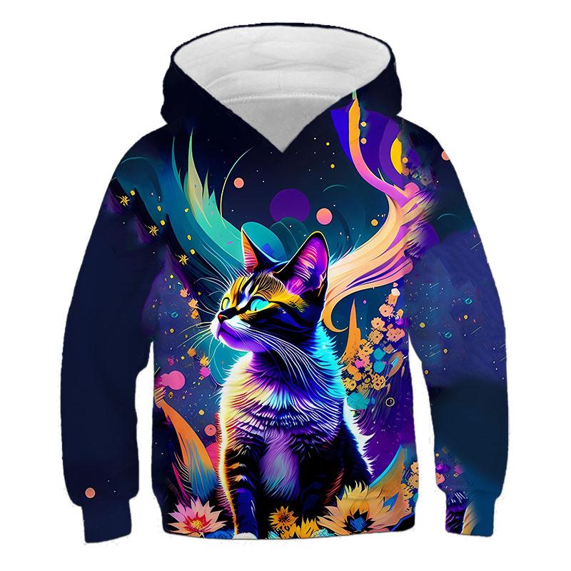 Толстовка с капюшоном и длинными рукавами для девочек, милый 3D-рисунок кошки, детская повседневная уличная кофта на весну и осень