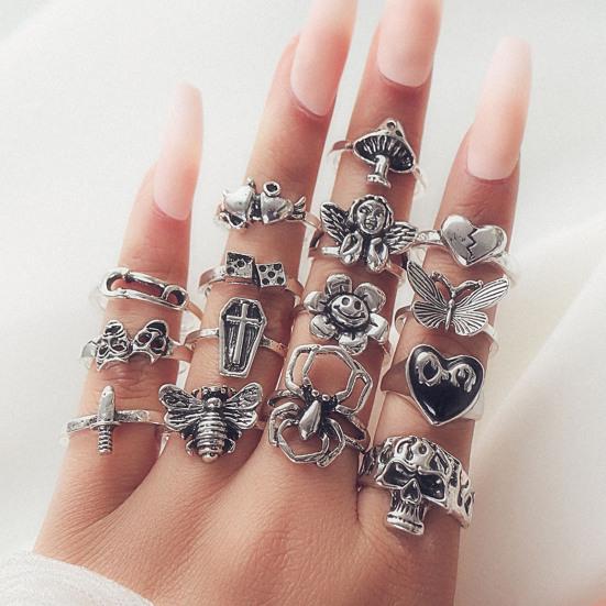 15 шт., винтажные кольца с животными, набор в готическом стиле, преувеличенные насекомые, животные, цветок, кольцо в форме сердца, Эстетические ретро-кольца серебряного цвета, изысканные ювелирные изделия