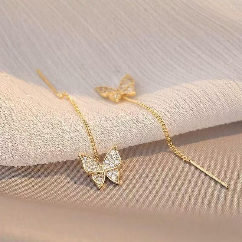 Exquisite Gold Rhinestone Butterfly Tassel Earrings - Classic Luxury with Zircon Detailing